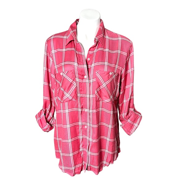 Sanctuary Tops - Anthropologie Sanctuary Tomboy Plaid Button Down Shirt Size Large Pink/White